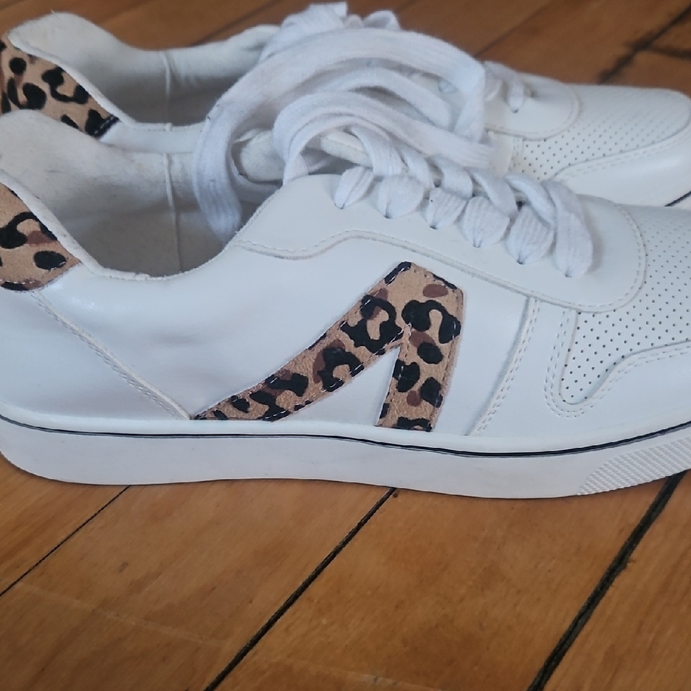 White and Tan Sneakers with Leopard Accent
